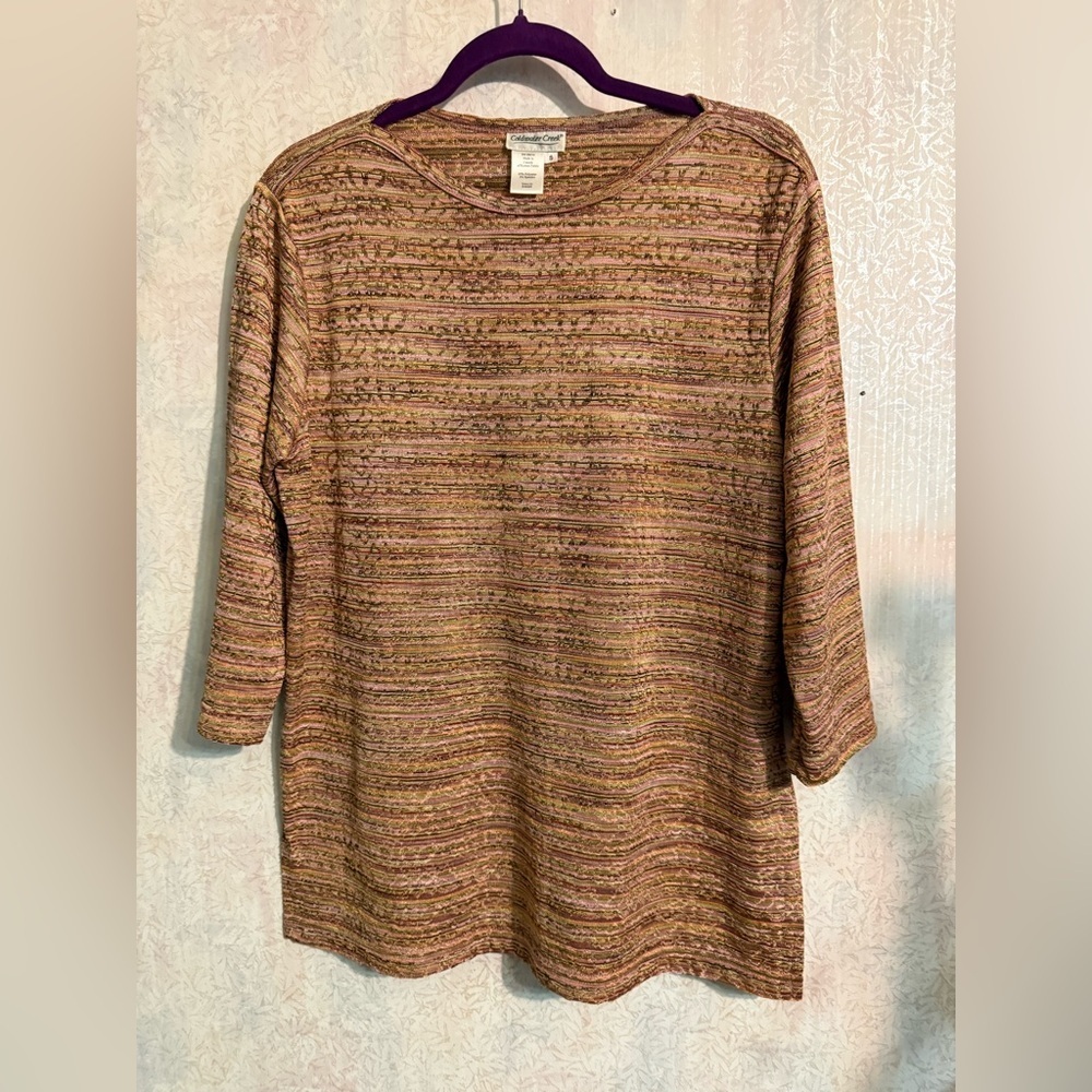 Coldwater Creek Multi-Stripe Knit Boatneck Tunic in Pink and Tan, Side Slits, S